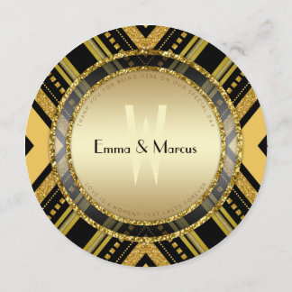 Art Deco Gold Black Round Wedding Menu Card