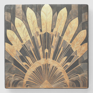 Art Deco Gold Black sunburst Motif  Stone Coaster
