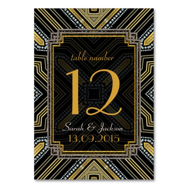 Art Deco Gold Black Wedding Table Number Card (Front)