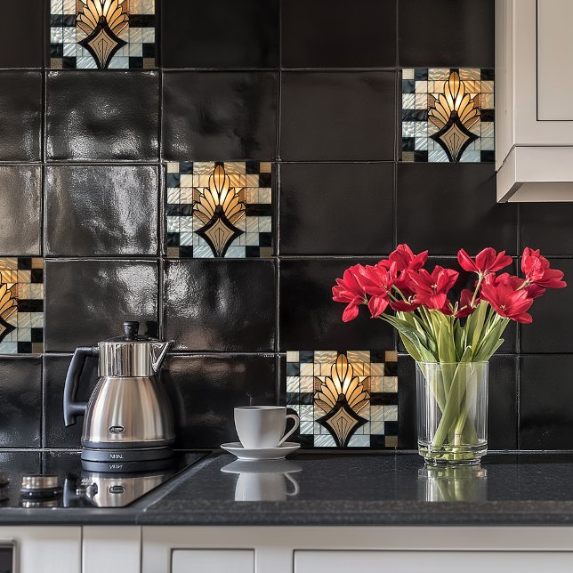 Art Deco Gold  Black  White Fan Floral Tile (Creator Uploaded)