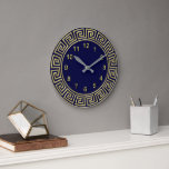 Art Deco Gold Blue Greek Key Border Gold Markers Large Clock<br><div class="desc">Art-Deco Gold Blue Greek Key Border,  Gold Markers Wall Clock  ========

 A classic art deco gold border on a deep blue background.  The numeral markers are also in gold. You can edit the design background color to any other color of your choice.</div>
