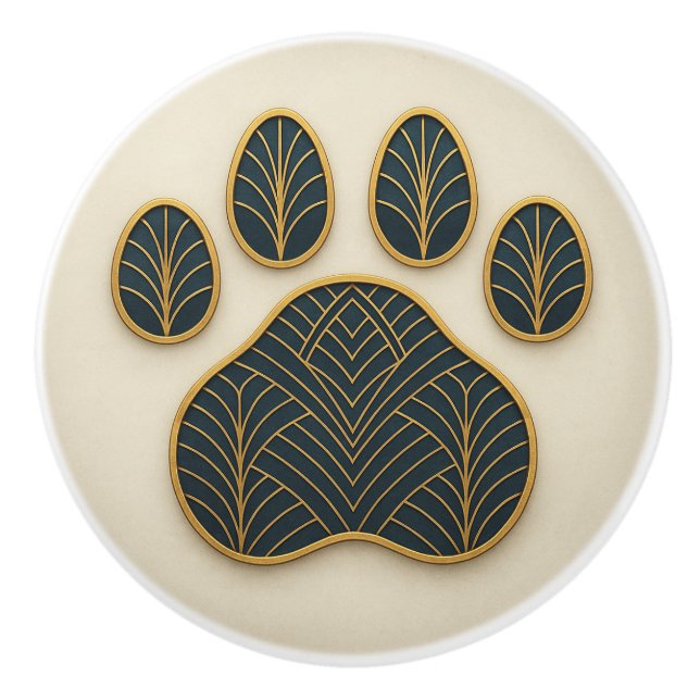 Art Deco Gold & Blue "Metalwork" Paw Ceramic Knob (Front)