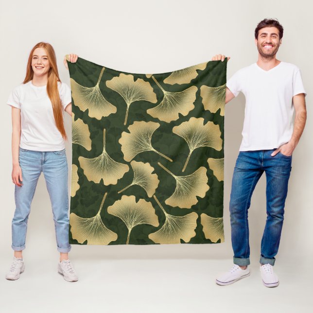 Art Deco Gold Botanical Pattern Fleece Blanket (In Situ)