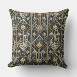 Art Deco Gold & Charcoal Black Geometric Pattern Throw Pillow