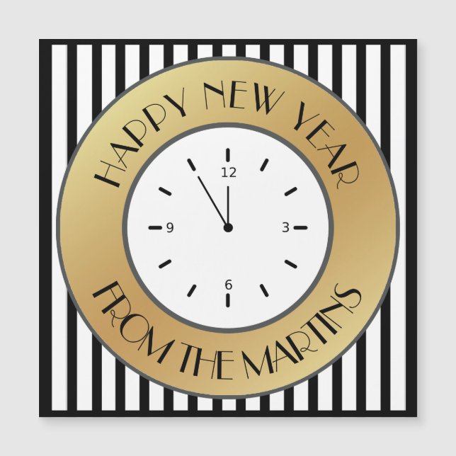 Art Deco Gold Clock and Stripes Happy New Year (Front)