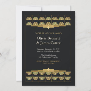 Art Deco Gold Fan Grid Black Wedding Invitation