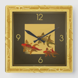 Art Deco gold fishes Square Wall Clock
