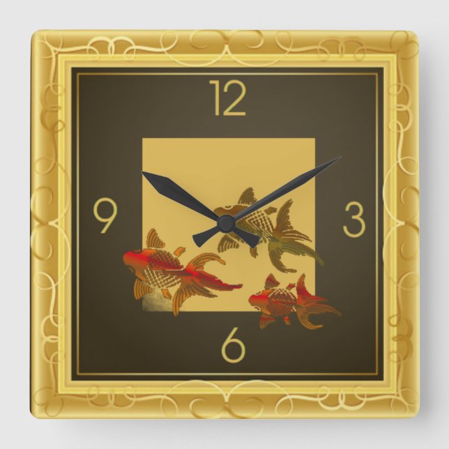 Art Deco gold fishes Square Wall Clock (Front)