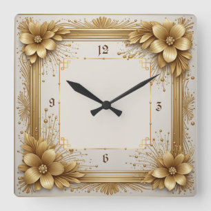 Art Deco Gold Flower Square Wall Clock