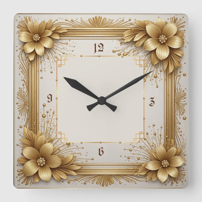 Art Deco Gold Flower Square Wall Clock (Front)