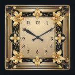 Art Deco Gold Flower Square Wall Clock<br><div class="desc">Great clock design. You will love it like others. Be free to use this design for other product you like or to customize and add your text. Follow me for more. Thank you. Have a nice day.</div>