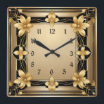 Art Deco Gold Flower Square Wall Clock<br><div class="desc">Great clock design. You will love it like others. Be free to use this design for other product you like or to customize and add your text. Follow me for more. Thank you. Have a nice day.</div>