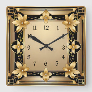Art Deco Gold Flower Square Wall Clock