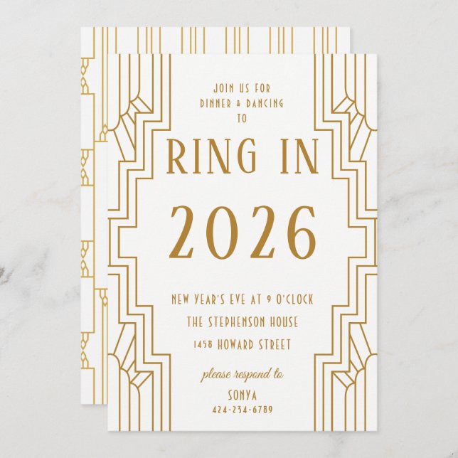 Art Deco Gold Frame New Year's Eve Party Invitation (Front/Back)