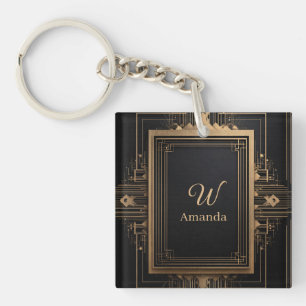 Art Deco Gold Frame with Custom Name and Initial Keychain