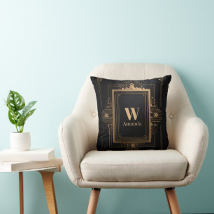 Art Deco Gold Frame with Custom Name and Initial Throw Pillow