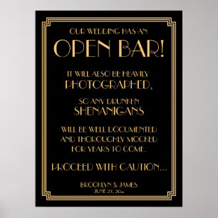 Art Deco Gold Gatsby Black Open Bar Sign 18x24