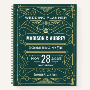 Art Deco Gold Green 1920s Elegant Wedding Planner Notebook