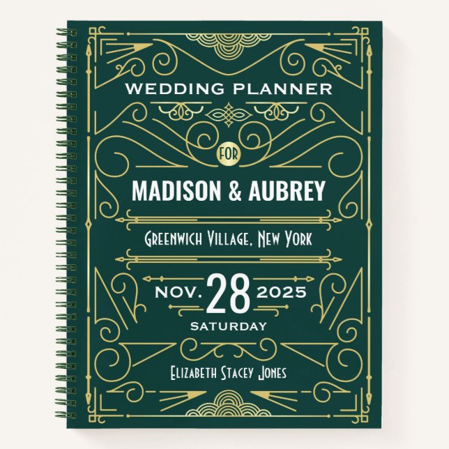 Art Deco Gold Green 1920s Elegant Wedding Planner Notebook (Front)
