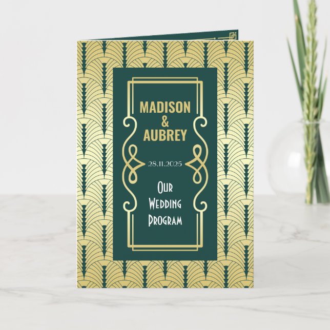 Art Deco Gold Green Entourage Order of Ceremony Program (Front)