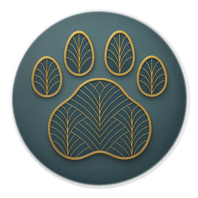 Art Deco Gold & Green "Metalwork" Paw Ceramic Knob (Front)