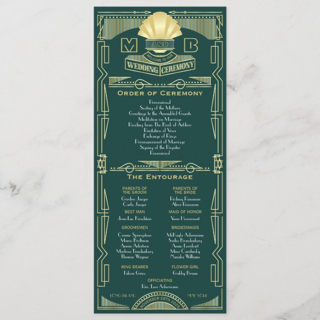 Art Deco Gold Green Order of Ceremony Entourage Program (Front)