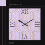 Art Deco Gold, Lavender & Plum Square Wall Clock<br><div class="desc">Elegant Art Deco Gold backed in Lavender with Dark Plum Roman Numeral Numbers and Trim.  Great for entry halls,  dining,  living areas and more.  Available in various colors.</div>