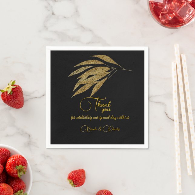 Art Deco Gold Leaves Black Stripes Wedding Napkin (Insitu)