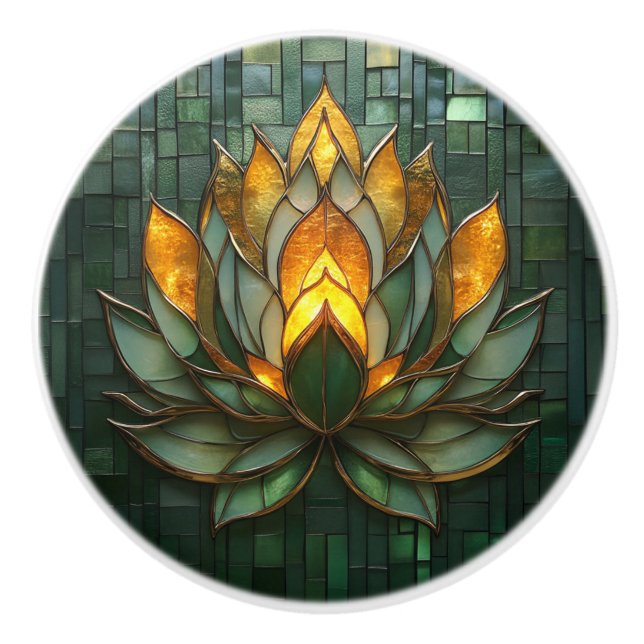 Art Deco Gold Lotus Green Tilework Print Ceramic Knob (Front)