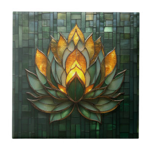 Art Deco Gold Lotus Green Tilework Print Tile