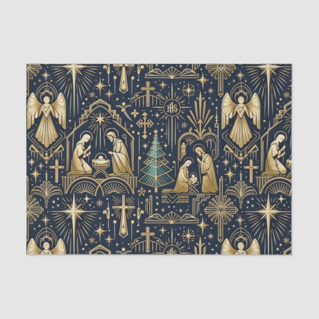 Art Deco Gold Nativity on Midnight Blue Tissue Paper (Front)