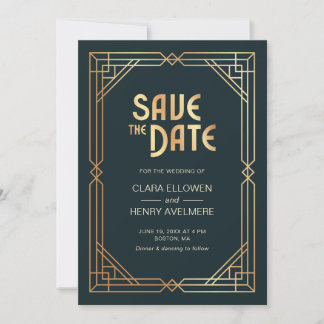 Art Deco Gold Navy Blue Save the Date Invitation