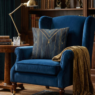 Art Deco Gold & Navy Geometric Throw Pillow
