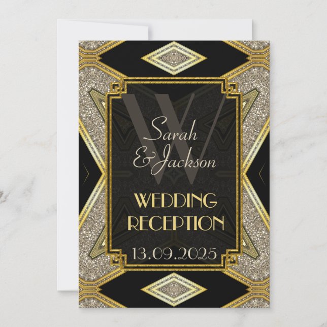 Art Déco Gold Noir Mariage Réception Invitations (Devant)