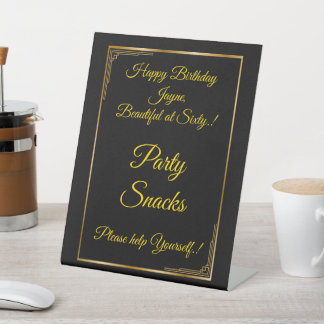 Art Deco Gold on Black Birthday Party Snacks Pedestal Sign