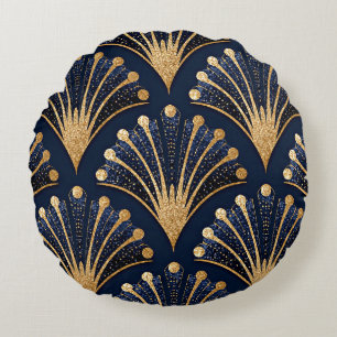 Art Deco Gold Pattern Round Pillow