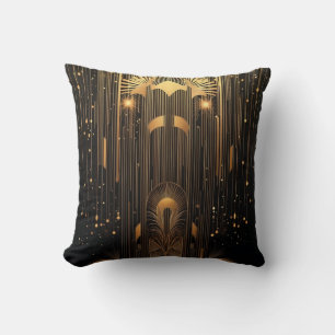 Art Deco Gold Rain Egyptian Art Black 15 x 15 Throw Pillow