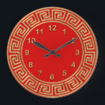 Art Deco Gold Red Greek Key Border Gold Markers Large Clock<br><div class="desc">Art-Deco Gold Red Greek Key Border,  Gold Markers Wall Clock  ========

 A classic art deco gold colour border on a red background.  The numeral markers are also in gold.</div>