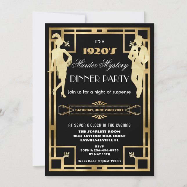 Art Deco Gold Roaring 20s Murder Mystery Party Invitation (Front)