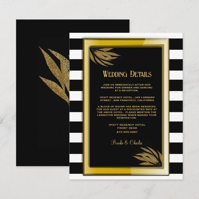 Art Deco Gold Roses Black Stripes Wedding  Enclosure Card (Front/Back)