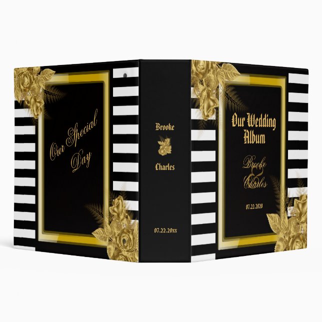 Art Deco Gold Roses, Stripes Wedding Album Binder (Background)