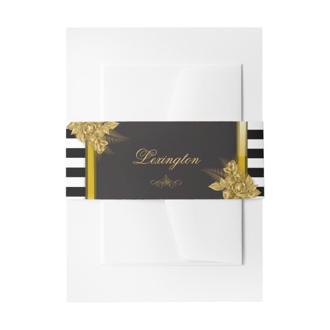 Art Deco Gold Roses, Stripes Wedding Invitation Belly Band (Front Example)