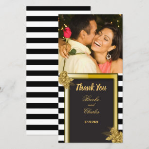 Art Deco Gold Roses, Stripes Wedding Thank You Card
