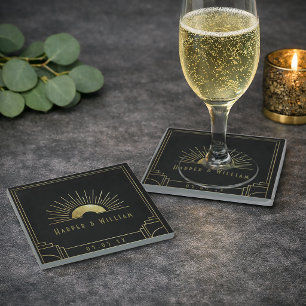 Art Deco gold sunburst wedding Glass Coaster