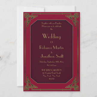Art Déco Gold sur Red Vintage Wedding Invitation