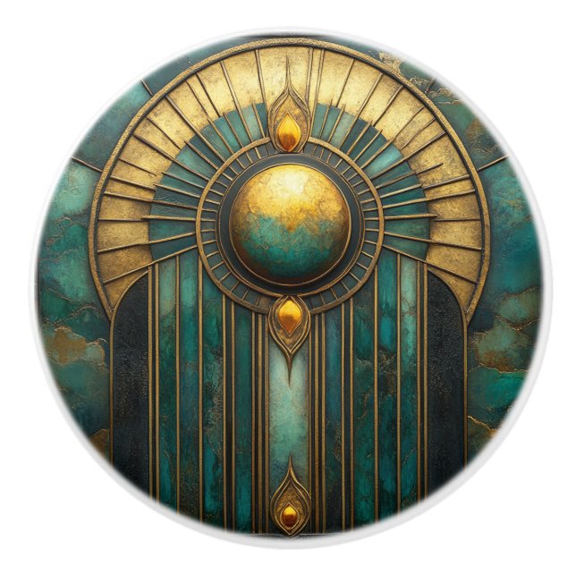 Art Deco Gold Turquoise Abstract Glowing Sun  Ceramic Knob (Front)