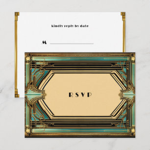 Art Deco Gold Turquoise Black Wedding RSVP Card