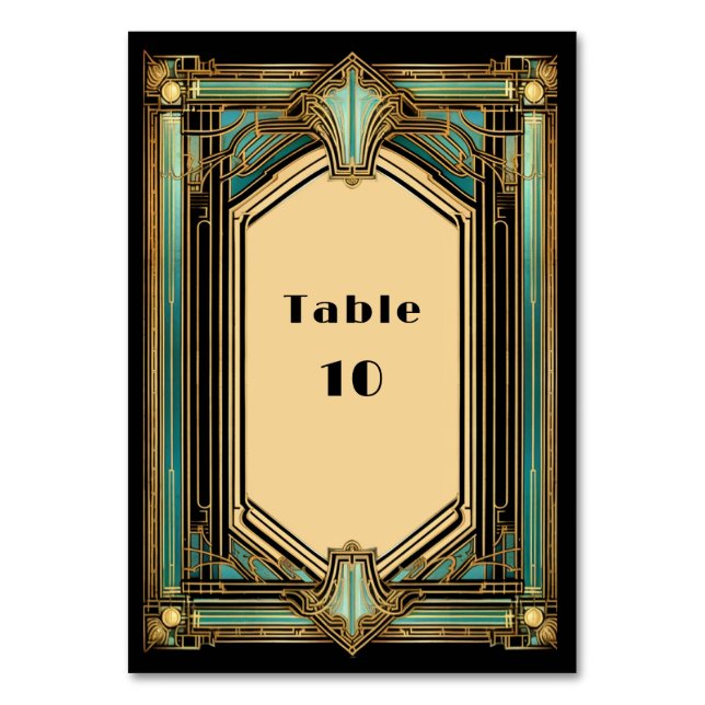 Art Deco Gold Turquoise Black Wedding Table Number (Front)