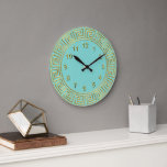 Art Deco Gold Turquoise Greek Key Border Gold Mkrs Large Clock<br><div class="desc">Art-Deco Gold Turquoise Greek Key Border,  Gold Markers Wall Clock  
 A classic art deco gold border on a turquoise background.  The numeral markers are also in gold.</div>