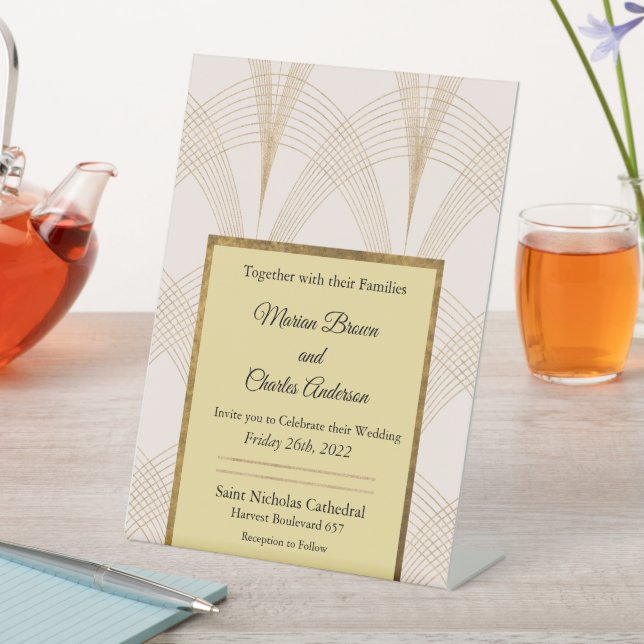 Art Deco Gold Wedding Invitation Pedestal Sign (In SItu)